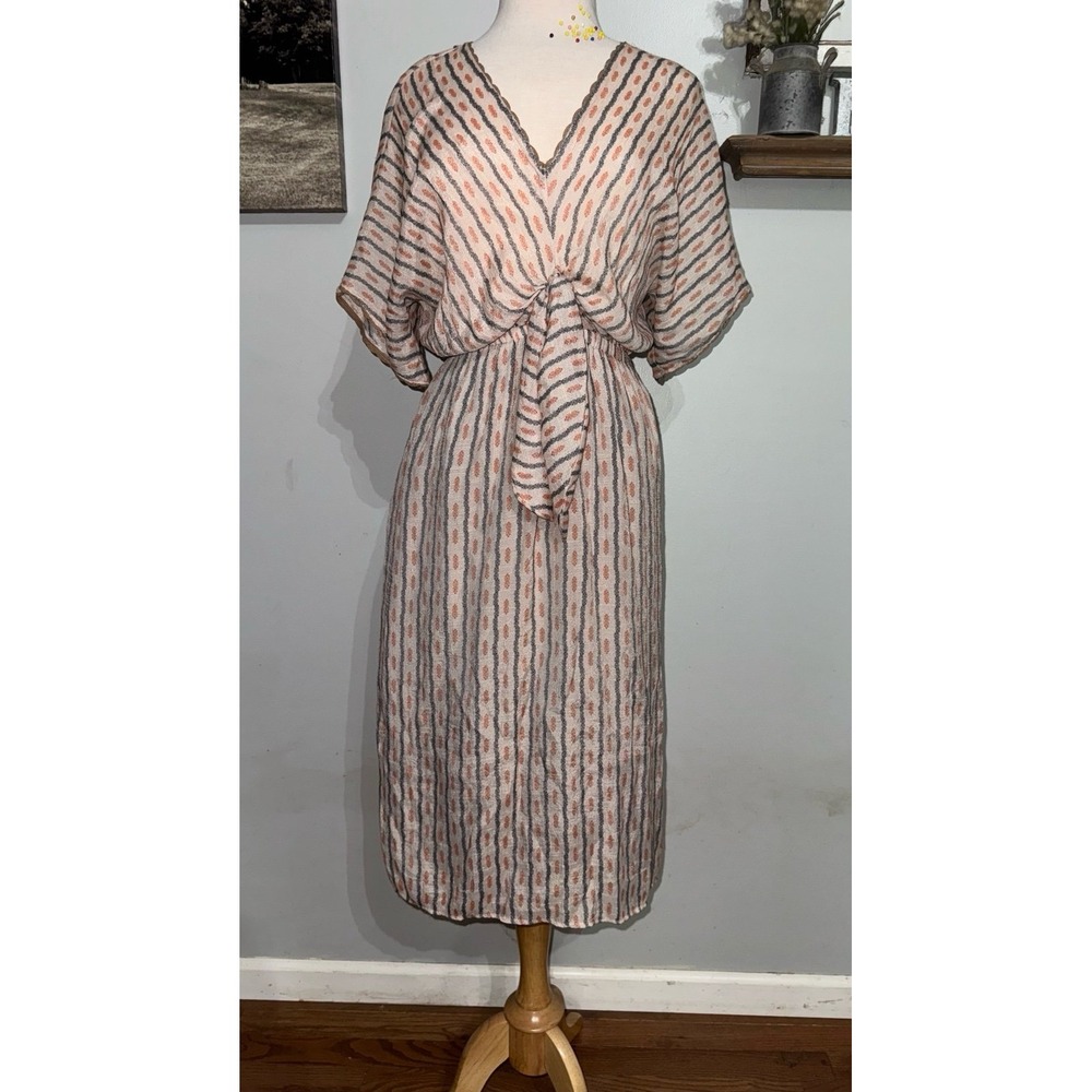 Sam & Lavi Aztec style tan dolman sleeve faux tie front midi dress small
